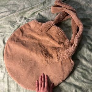 Large Round Brown Fuzzy Shoulder Tote